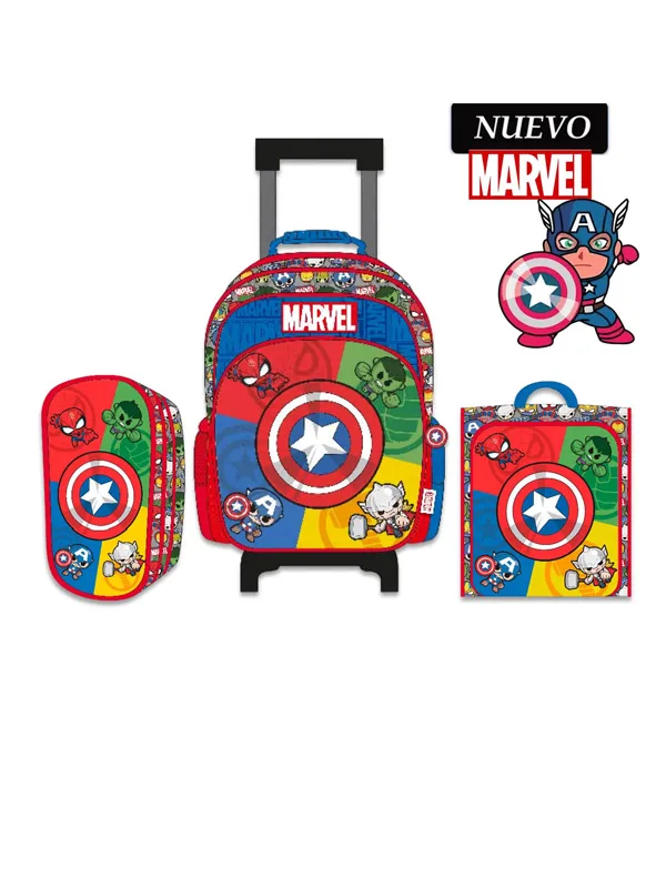 Set de Mochila con Ruedas Lonchera y Cartuchera Marvel A4