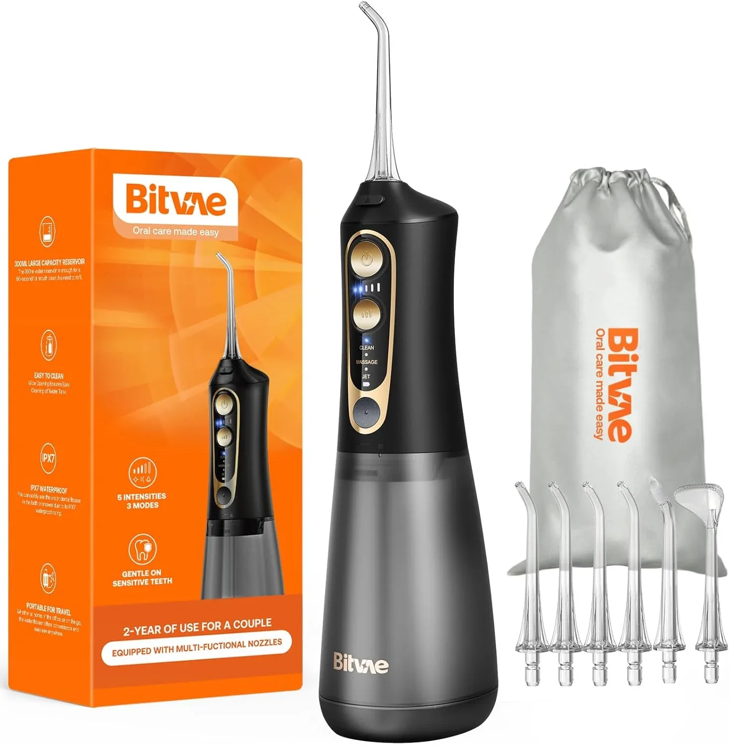 Bitvae - Máquina de limpieza bucal irrigador inalámbrico 6 boquillas BVC6 - Negro