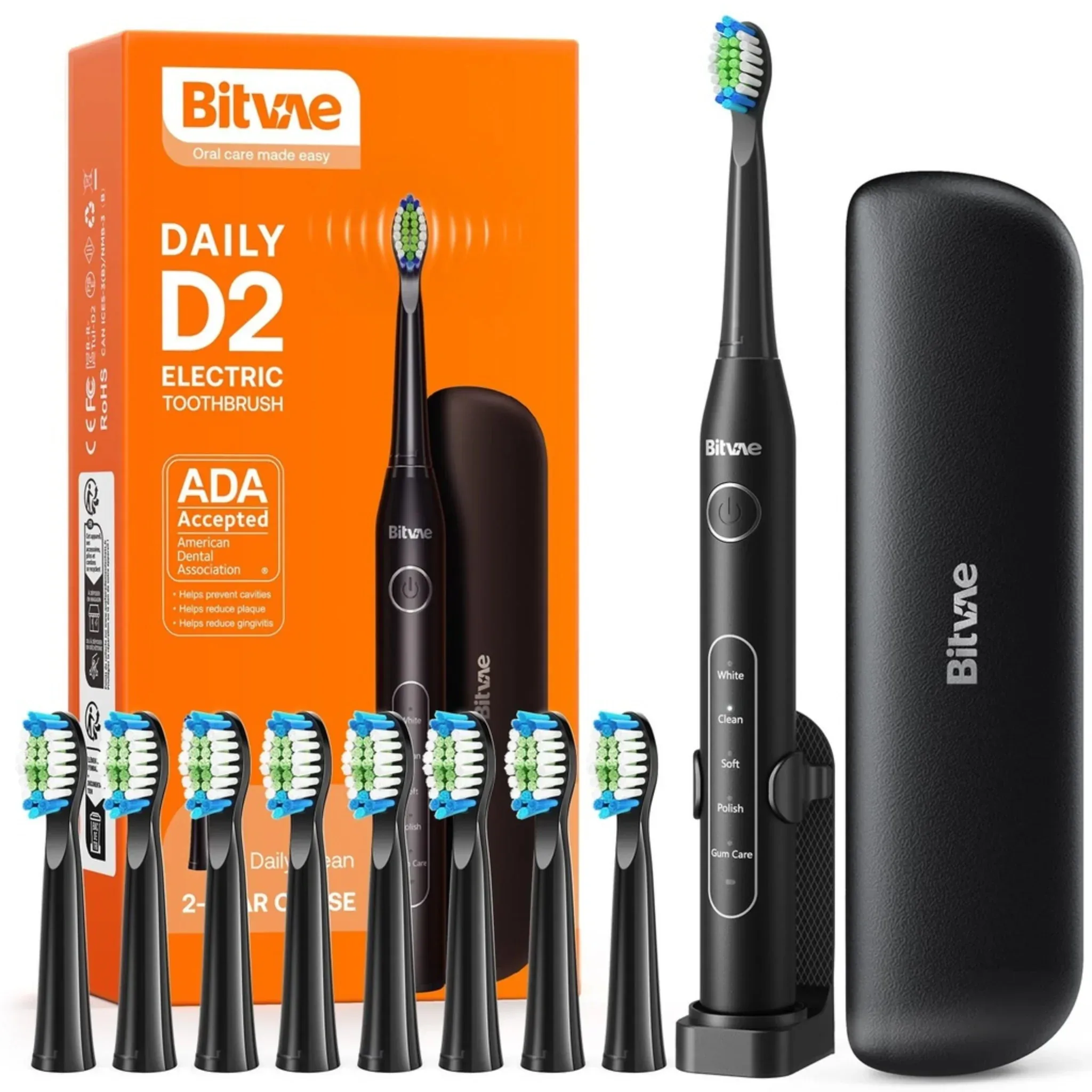 Bitvae - Cepillo de Dientes Eléctrico Bitvae - Kit con 8 Cabezales, Estuche y Soporte - Negro