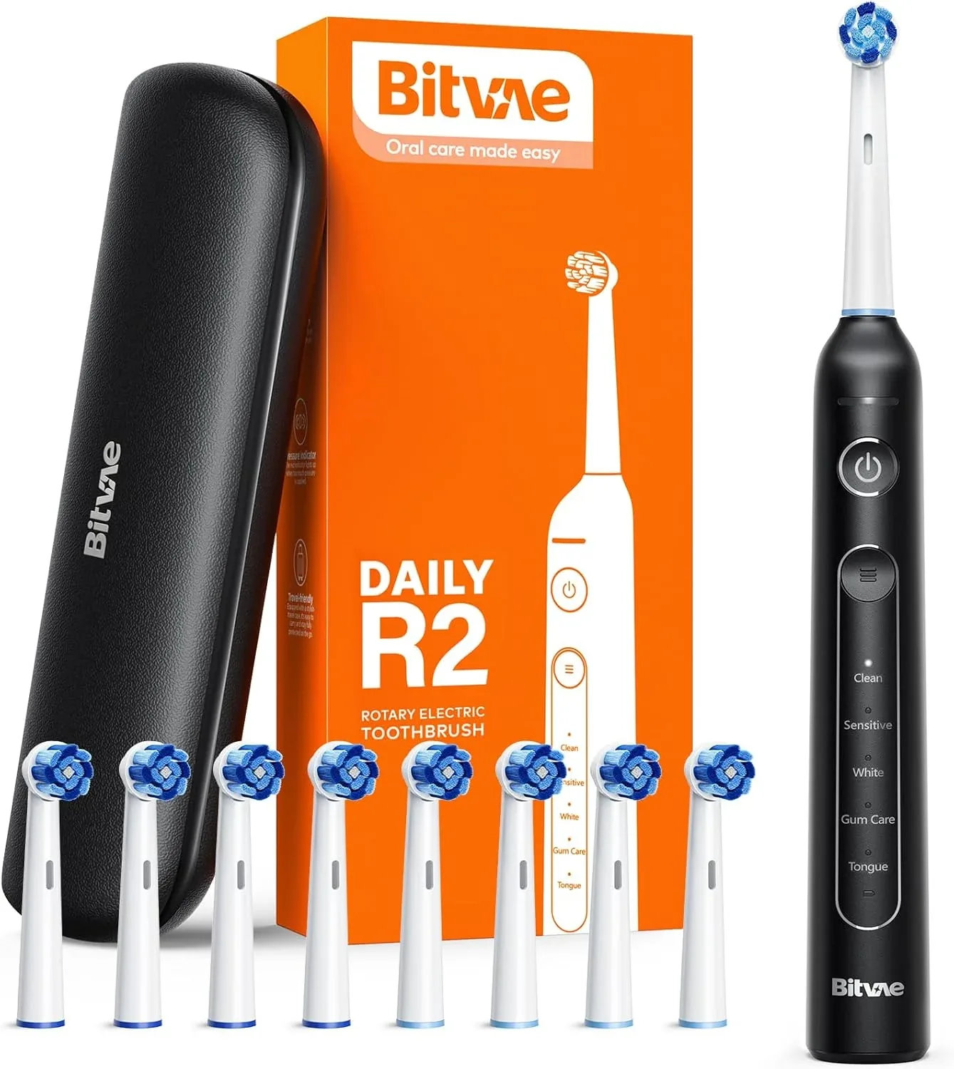 Bitvae - Cepillo Eléctrico Rotativo Bitvae R2 con Sensor de Presión y 8 Cabezales - Negro