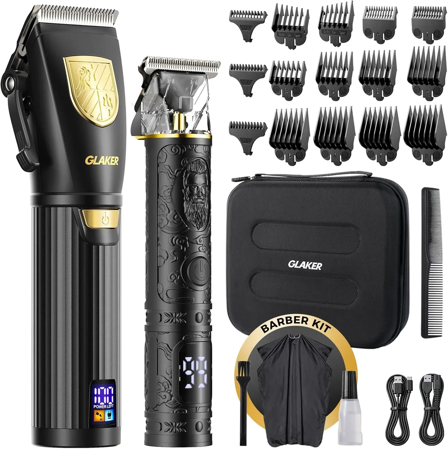 Glaker - Kit de Barbería Profesional: Cortadora + Trimmer de Precisión - 15 Peines