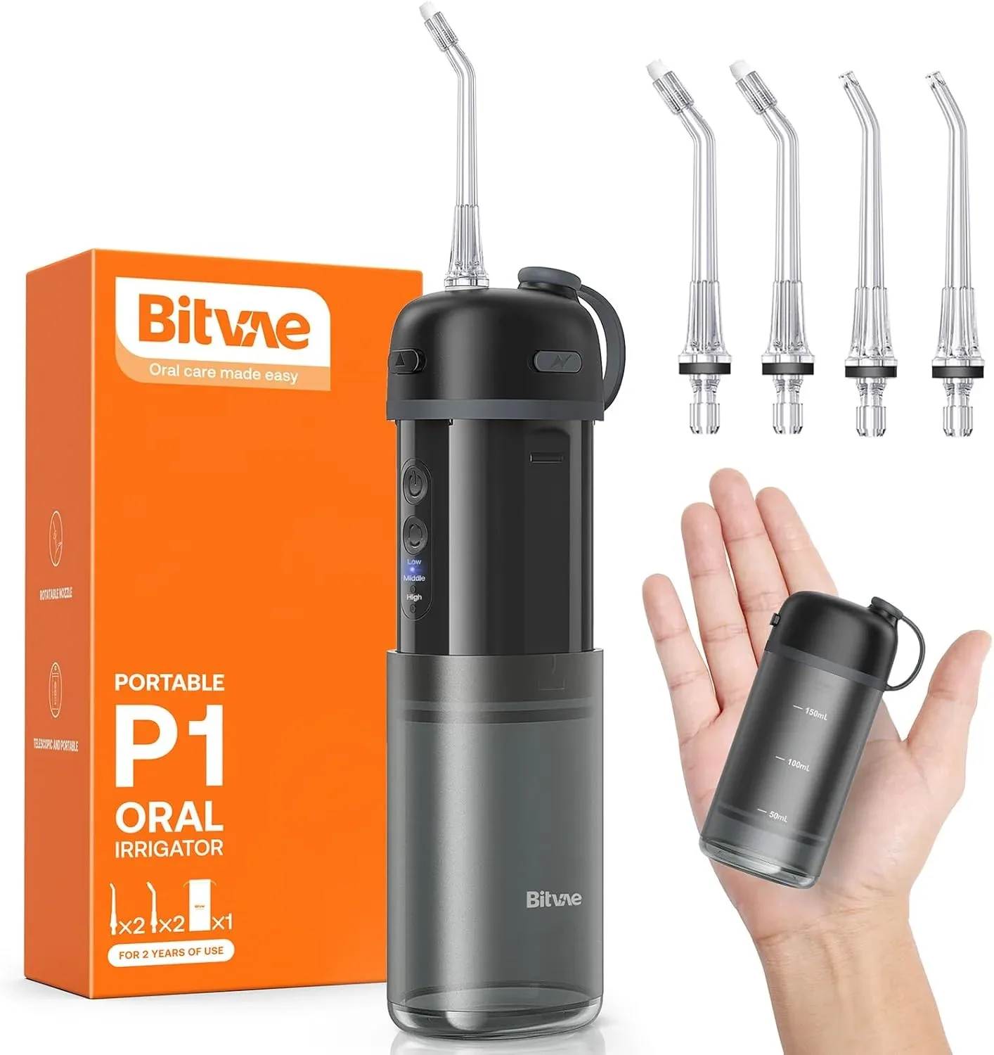 Bitvae - Máquina de limpieza bucal portatil de Viaje irrigador inalámbrico Mini con Tanque de Agua Telescópico - Negro