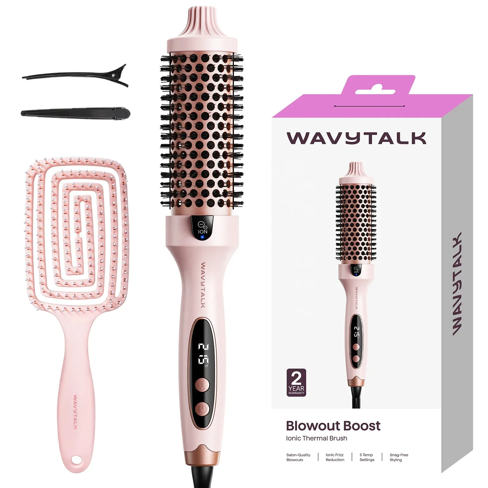 Wavytalk - Cepillo Rizador Térmico Redondo Express de 1.5 pulgadas cerámica de turmalina - Rosado
