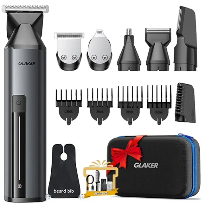 Glaker - Set Recortadora de barba, cabello, afeitadora, inalámbrica, accesorios magnéticos intercambiables