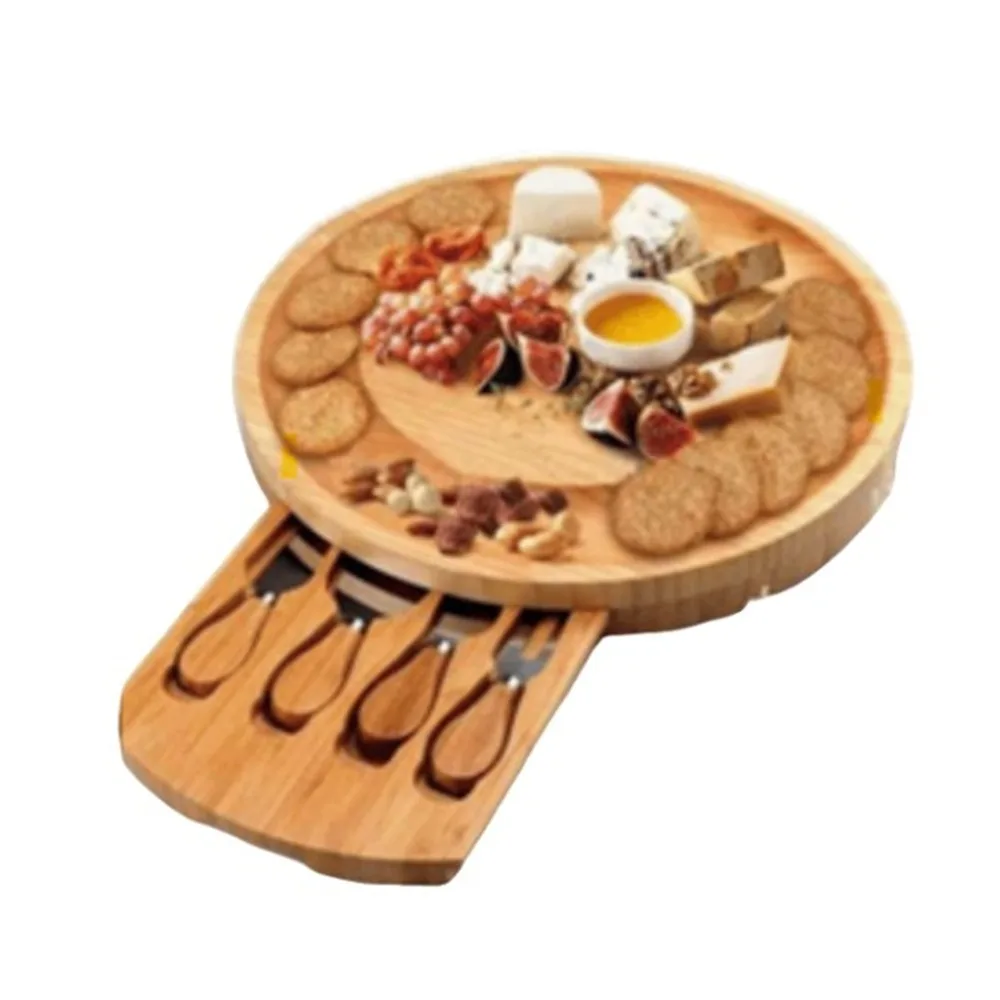 Tabla de quesos círcular de bambú con 04 cubiertos